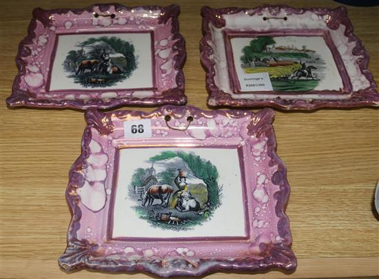 Three Sunderland pink lustre wall plaques